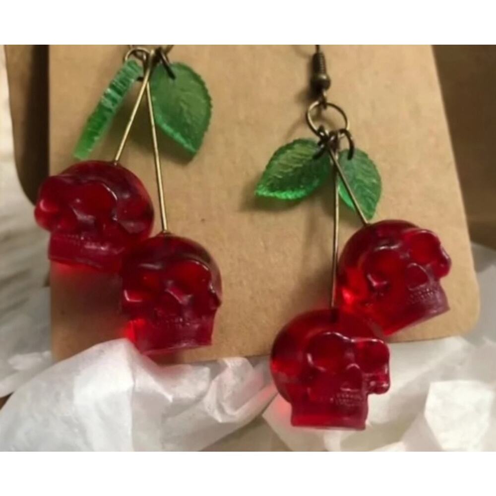 Summer Vacation Cherry Skull Dangle Drop Earrings - Gothic Punk Costume Jewelry